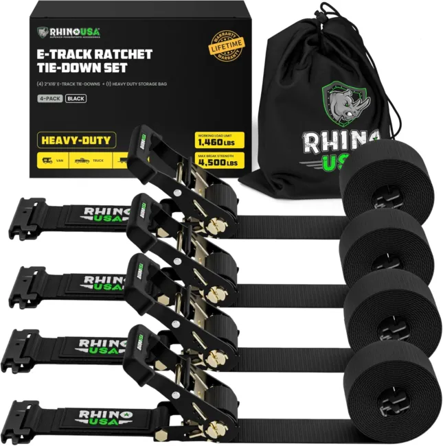 E Track Ratchet Tie down Straps (4,500Lb Break Strength) - Includes (4) Premium 