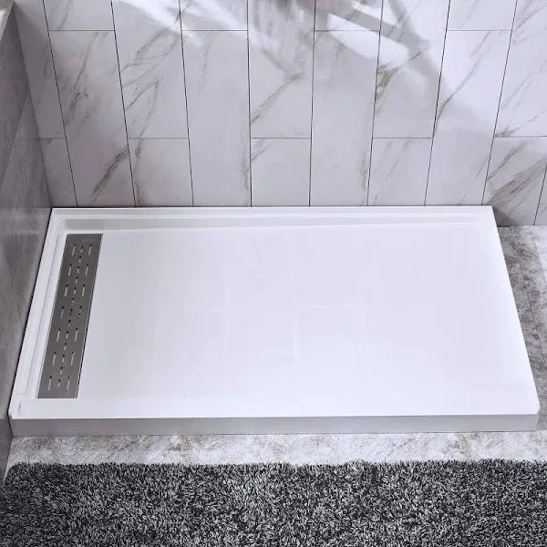 WOODBRIDGE SBR4836-1000-L Solid Surface Shower Base with Recessed Trench Side Including Stainless Steel Linear Drain Cover, 48" L x 36" W x4 H, 48"x 36", White