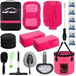 AUTODECO 22Pcs Car Wash Cleaning Tools Kit Car Detailing Set with Canvas Bag Pink Collapsible Bucket Wash Mitt Sponge Towels Tire Brush Window Scraper Duster Complete Interior Car Care Kit