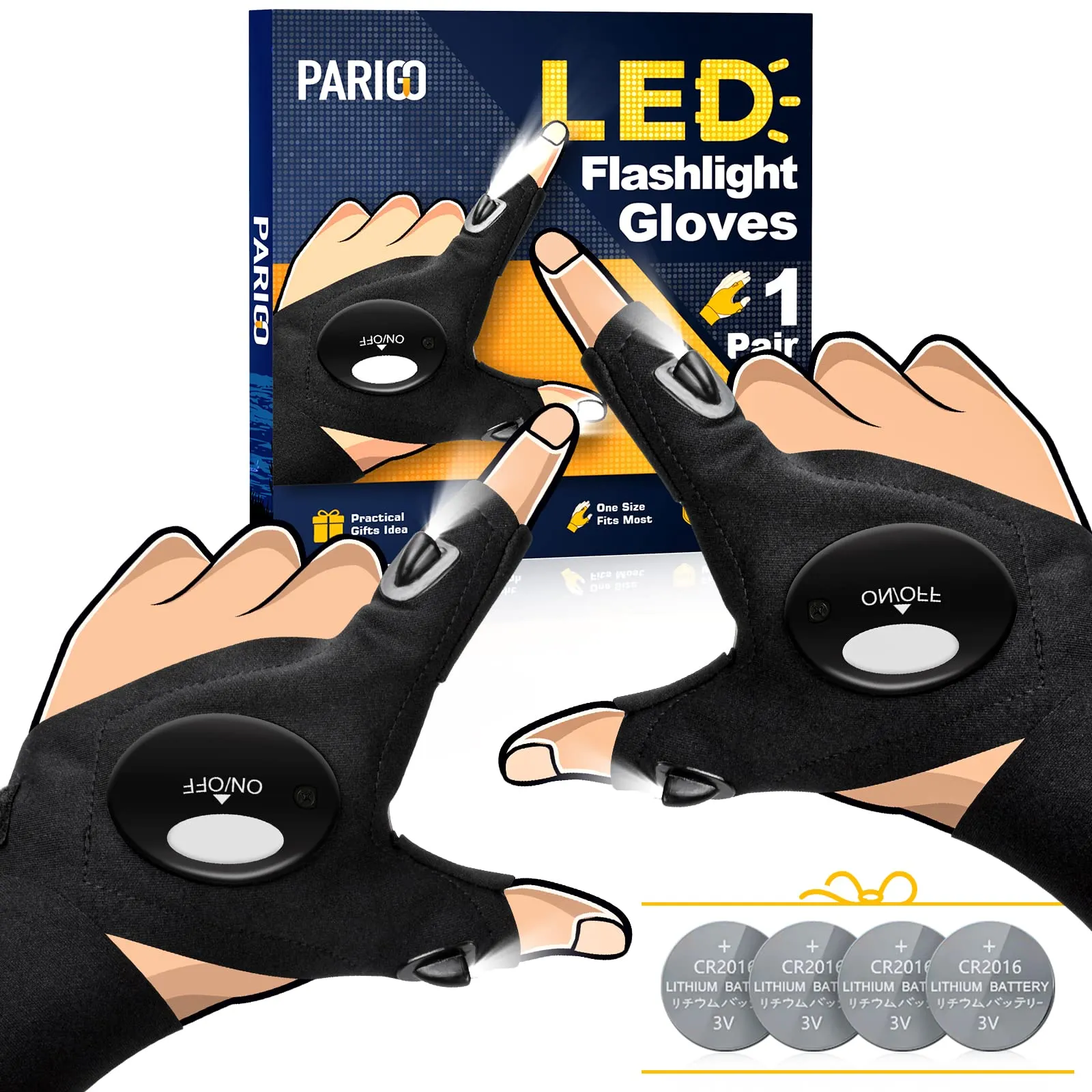 PARIGO LED Flashlight Gloves, Stocking Stuffers for Men Gift for Dad Husband Grandpa, Cool Gadget Christmas Birthday Gifts for Men Adults Him Boyfriend Guy Car Repairing Fishing Camping Reading Light