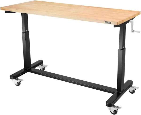 WORKPRO 48” Height Adjustable Work Table with Crank Handle and Casters, 48” x 24” Wooden Top Standing Desk Workbench, Heights from 29”-38”, 500 Lbs Load Capacity for Garage, Office, Home