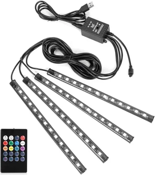 Car LED Strip Lights, 4Pcs 48 LED Interior Lights, Multicolor Music Car Strip Light Under Dash Lighting Kit with Sound Active Function and Remote Controller, DC 12V