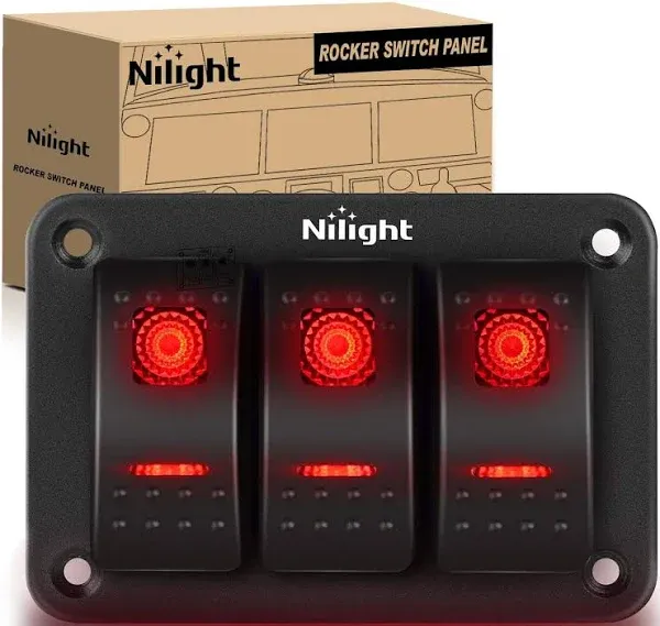 Nilight - 90019C 3 Gang Aluminum Rocker Switch Panel Toggle Dash 5 Pin ON/Off Pre-Wired Rocker Switch Red Backlit Switch for Automotive Car Marine Boat RV,2 Years Warranty