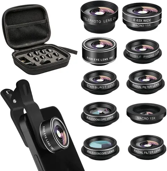 Cell Phone Camera Lens Kit 11 in 1 Super Wide Angle Macro Fisheye Lens Telephoto