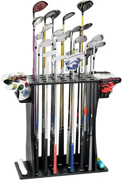 XCSOURCE Wooden Golf Club Holder, Golf Putter Stand Floor Display Rack, Golf Club Rack for 27 Clubs, Golf Balls, 8 Putter Covers Storage, Golf Club Organizer for Indoor Home Club Garage Simulator