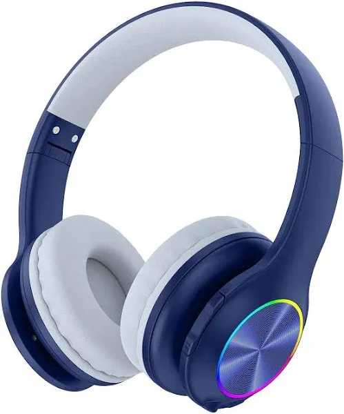 2024 Bluetooth Kids Headphones Fit for Aged 3-21, Colorful LED Lights Comfort Wireless Headphones with Microphone 94dB Volume Limited for School/iPad/PC/TV/Cellphones, Wired & TF Card Mode, Navy Blue