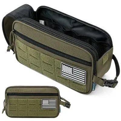 Pavilia Tactical Toiletry Bag for Men, Hygiene Travel Bag, Military Dopp Kit, Water Resistant Molle Pouch, Mens Shaving Grooming Essentials, Bathroom Shower Toiletries Small Organizer Case, Olive