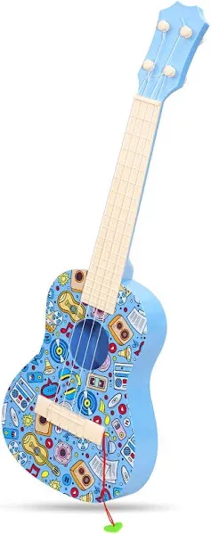 LeeQee 21in Colorful Graffiti Ukulele Guitar for Kids, 4 Strings Kids Guitar Ukulele Musical Instruments Learning Educational Toys with Picks for 3 4 5 6 7 8 9 10 11 12 Kids Toddler Boys Girls (Pink)