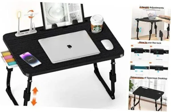 Laptop Desk for Bed Height Adjustable, Lap Bed Table with USB/Storage Black