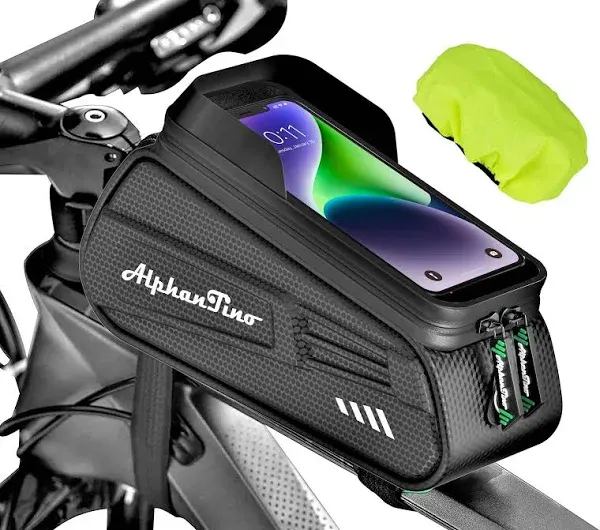 Bike Phone Holder Bag - Waterproof Bicycle Frame Bag Hard Case Large Capacity Top Tube Front Frame Cycling Mount Accessories Pouch, TPU Touch-Screen & Sun-Visor (Red Zipper)