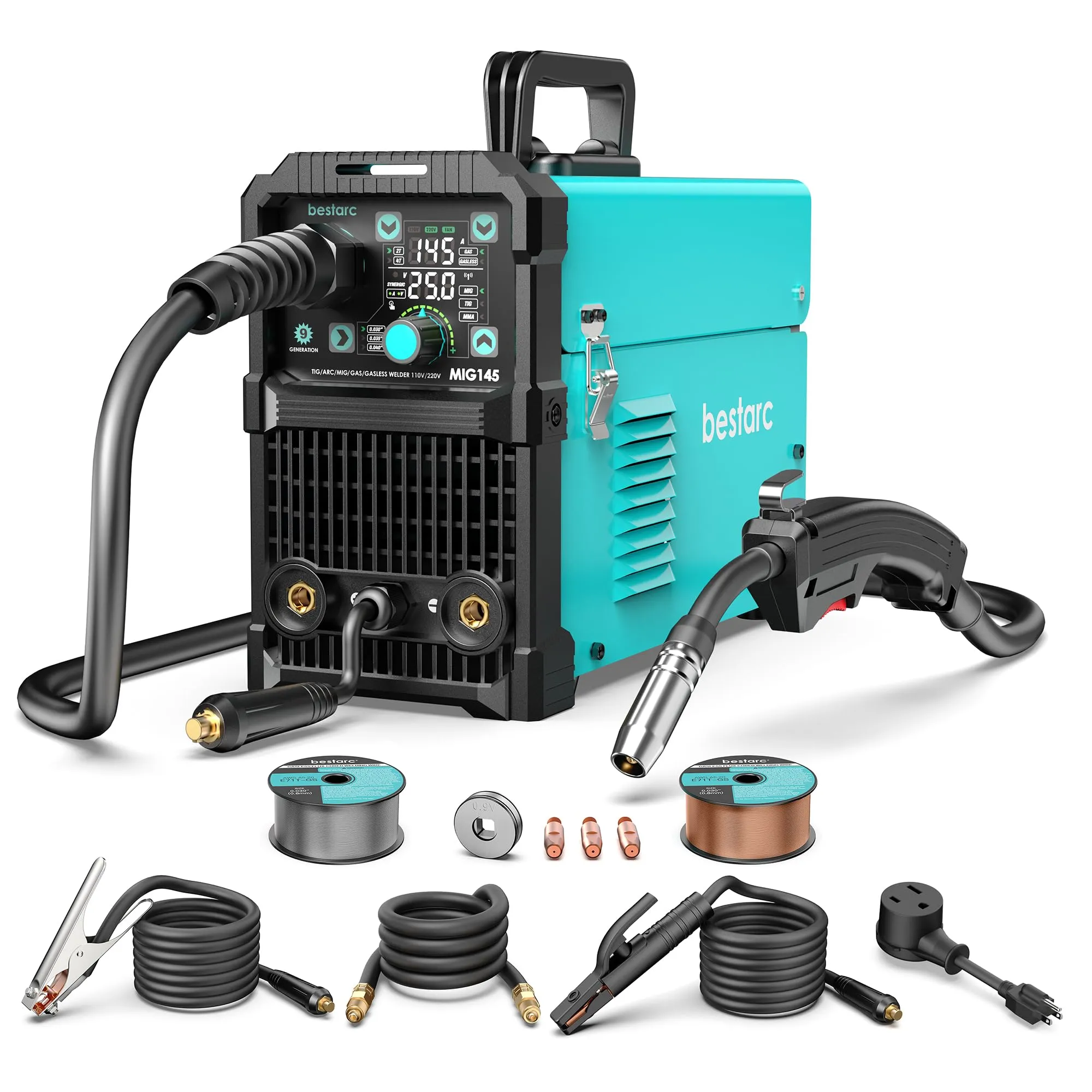 bestarc MIG Welder MIG145 145Amps Gas MIG/Gasless MIG/Lift TIG/Stick 3 in 1 MIG with Digital Screen