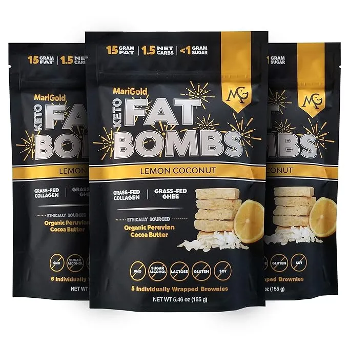 MariGold Keto Fat Bombs - Lemon Coconut - Low Carb, Collagen Rich, Grass-fed Ghee, Organic Cocoa Butter, Gluten-Free, Non-GMO (3 bags, 5 Servings each), No Weird Aftertaste