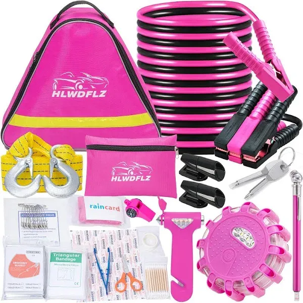 HLWDFLZ Car Emergency Kit, Pink Roadside Assistance Kit with Jumper Cable, To...