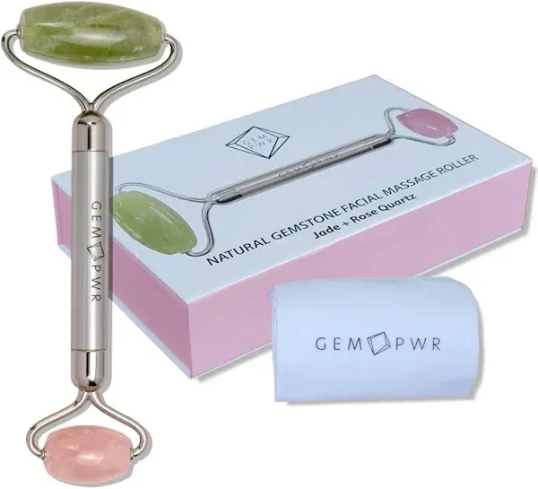 GEM PWR Rose Quartz + Jade Roller for Face and Neck Massage, Dual Gemstones with Durable Steel Handle and Travel Bag. Minimize Wrinkles