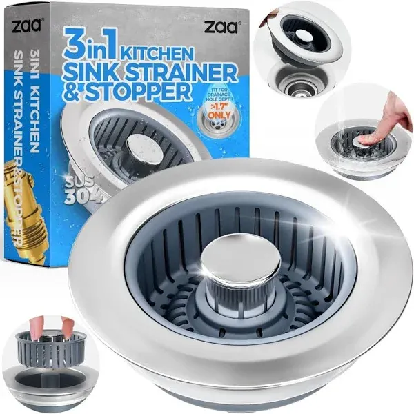 Upgraded 3in1 Kitchen Sink Drain Strainer &amp; Stopper, Silver Grey 