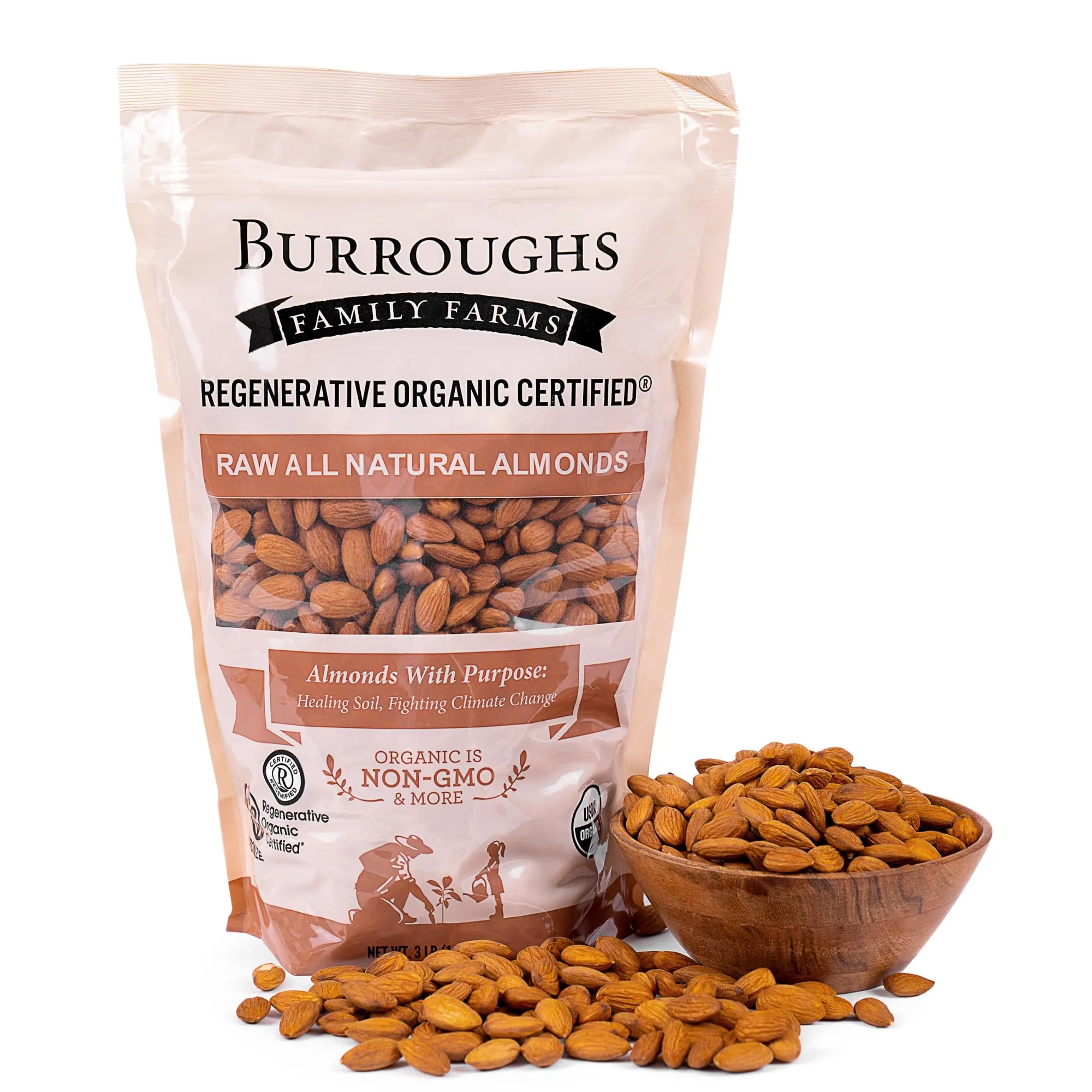 Burroughs Family Farms 3 lb USDA Organic Raw Almonds – First Regenerative Organic Certified Farm – Gluten-Free, Non-GMO, Vegan, Paleo & Keto-Friendly Almond Nuts – High in Protein & Nutrients Versus Other Nuts, Great for Almond Milk