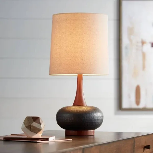 Mid-Century Table Lamp with USB Port Brown Ceramic Fabric Shade for Living Room