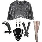 1920s Flapper Accessories Set, Roaring 20s Accessories Women Feather Headpiece Necklace Earrings Long Gloves,Silver Black