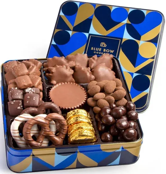 Blue Bow Gourmet Artisanal Chocolate Assortment Gift Tin for Mother's Day, Birthday, Thank You