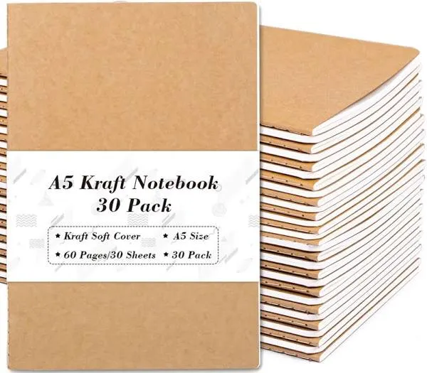 30 Pack A5 Kraft Notebooks with 60 Lined Pages – Perfect for School &amp; Office