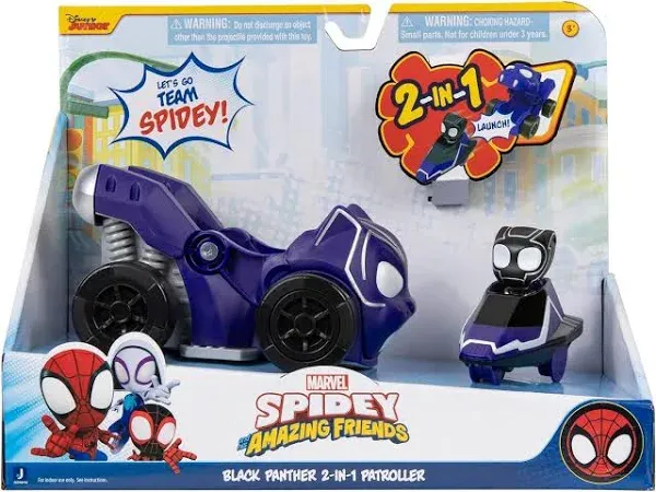 Marvel Spidey and His Amazing Friends Jump Attack Vehicle (Black Panther) - Jump Attack 2-in-1 Vehicle with Black Panther - Toys Featuring Your Friendly Neighborhood Spideys