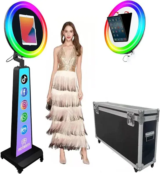 Photo Booth for iPad 10.2" 10.9'' 11'' 12.9'' Photobooth Machine Stand Shell Selfie Adjustable Machine Custom Logo with RGB LED Ring Light and Flight Case for Wedding Rental Events