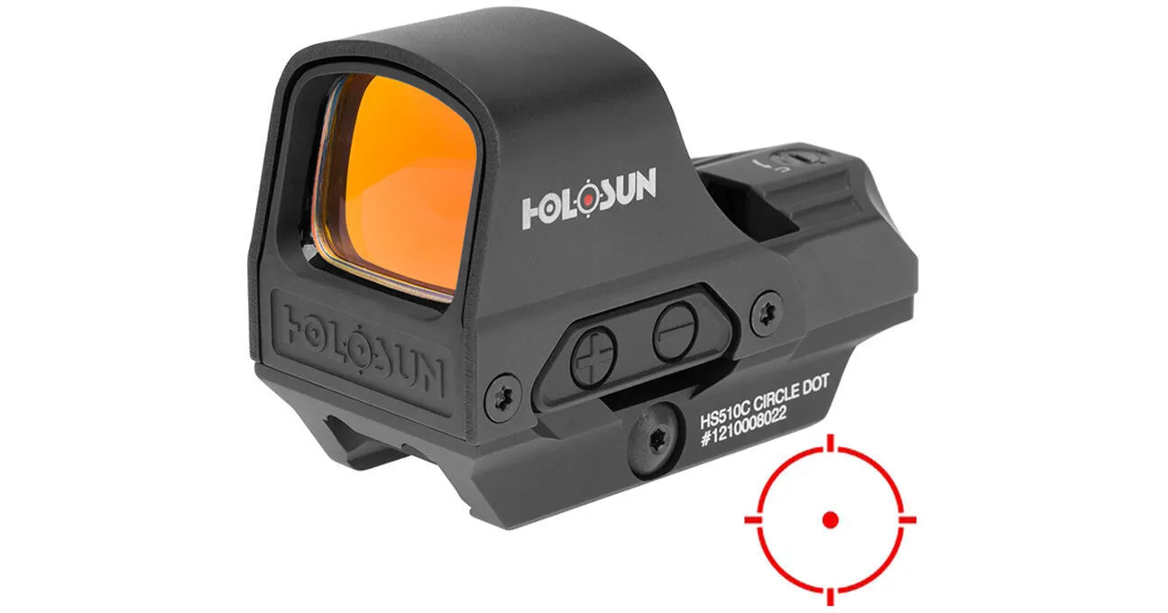 HOLOSUN HE510C-GR / HS510C Multi-Reticle 2 MOA Dot & 65 MOA Circle Open Reflex Sight for Long Guns - Solar FailSafe Shake-Awake Waterproof Sight with 12 Brightness Settings - Red/Green Dot Options