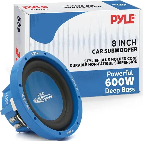 Pyle PLBW124 8 Inch 600 Watt Injection Molded Cone Car DVC Audio Subwoofer, Blue