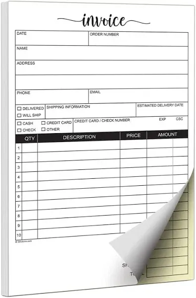 321Done Blank Sales Form Pad, 5.5x8.5 Small 2-Part Carbonless, Made in USA, Carbon Copy Generic Receipt Purchase Order Notebook for Small Business (50 Sets) White/Yellow, Heavyweight Paper