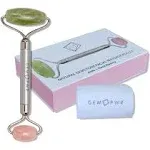 Gem PWR Rose Quartz + Jade Roller for Face and Neck Massage, Dual Gemstones with Durable Steel Handle and Travel Bag. Minimize Wrinkles, Reduce