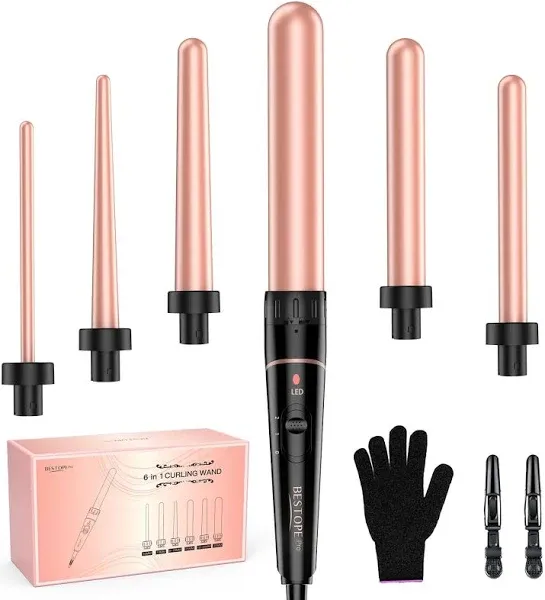 Long Barrel Curling Iron Wand Set, 6 in 1 Curling Wand Set with Ceramic Barre...