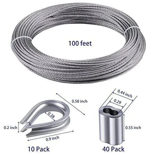 1/8 Inch Stainless Steel Wire Rope Cable Kit,7x7 Strands,100 ft Length,Wire Cable 1/8" with Cable Cutters, Sleeves, Thimbles, Clips, for Climbing Plants, Deck Railing, Fencing, Outdoor Hanging