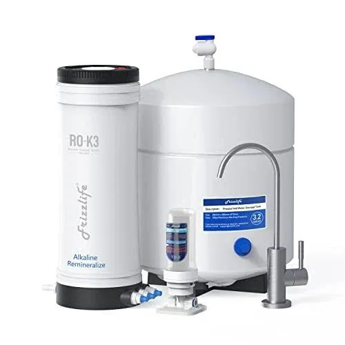 Frizzlife ROK3-A Reverse Osmosis Water Filter System, No Power Required - Alkaline & Remineralization, 1:1 Pure to Drain, 100 GPD, USA Tech Support