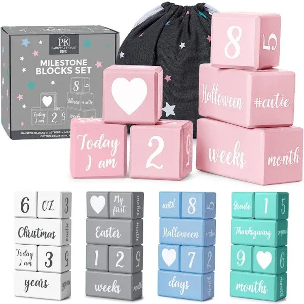 Pink Baby Monthly Milestone Blocks with Bag. Baby Age Blocks for Girl or Boy Baby Photo Props and Baby Shower. Month Baby Milestone Blocks with Grammatically Correct Month and Year