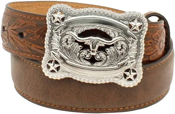 Nocona Boys Western Belt, Brown,Tooled Longhorn Buckle, 1-1/4", Sizes 18-28