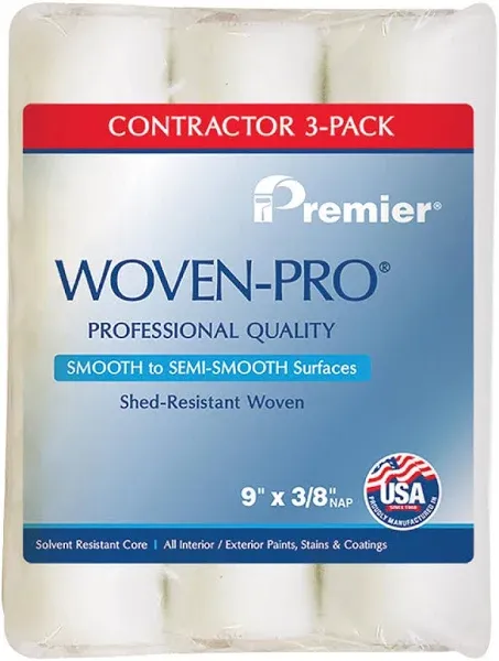 Premier 9" x 3/8" Nap Shed Resistant Roller Cover, 3 Pack, Woven-Pro, 3LF38