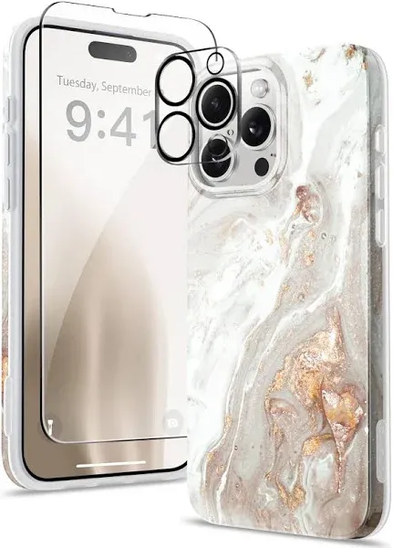 GVIEWIN for iPhone 15 Pro Case with Screen Protector+Camera Lens Protector, [Military Grade Drop Protection] Slim Marble Design Soft TPU Protective Phone Cover for 15 Pro 6.1" (Pearlescent/Gold)