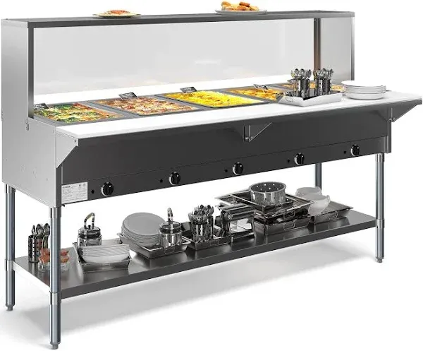 KoolMore 5-Pan Open Well Commercial Electric SS Steam Table Food Warmer for Buffets with Sneeze Guard, Overshelf, Undershelf, Warming Control Knobs, Front Serving Area [240V] (KM-OWS-5SG), Silver