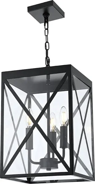 MELUCEE 3-Light Outdoor Chandelier Lighting Black Indoor Lantern Pendant Light Exterior Ceiling Light Fixtures with Clear Glass for Patio Porch Entryway