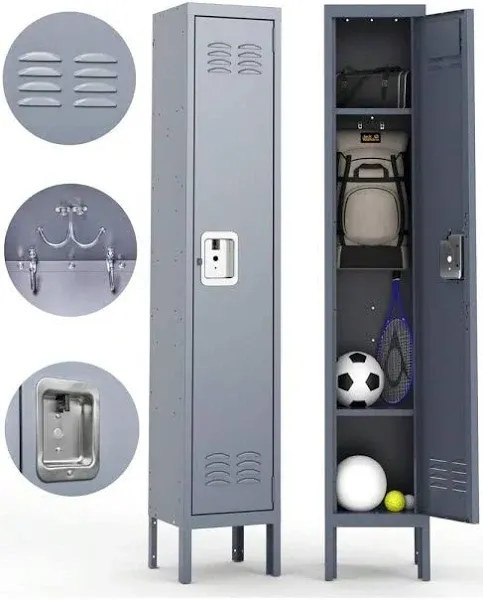 Letaya Storage Lockers with Lock Door,Metal Storage Cabinet 3 Tier with Hook for Employees, School,Gym, Home,Office(1 Door-Gray)