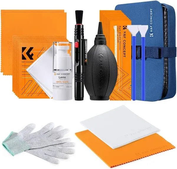 K&F Concept Professional Lens Cleaning Kit for DSLR & Mirrorless Cameras with APS-C/Full-Frame Sensor Cleaning Swabs/Lens Cleaner/Gloves/Camera Blower/Lens Pen Brush/Microfiber Cloths/Carrying Case