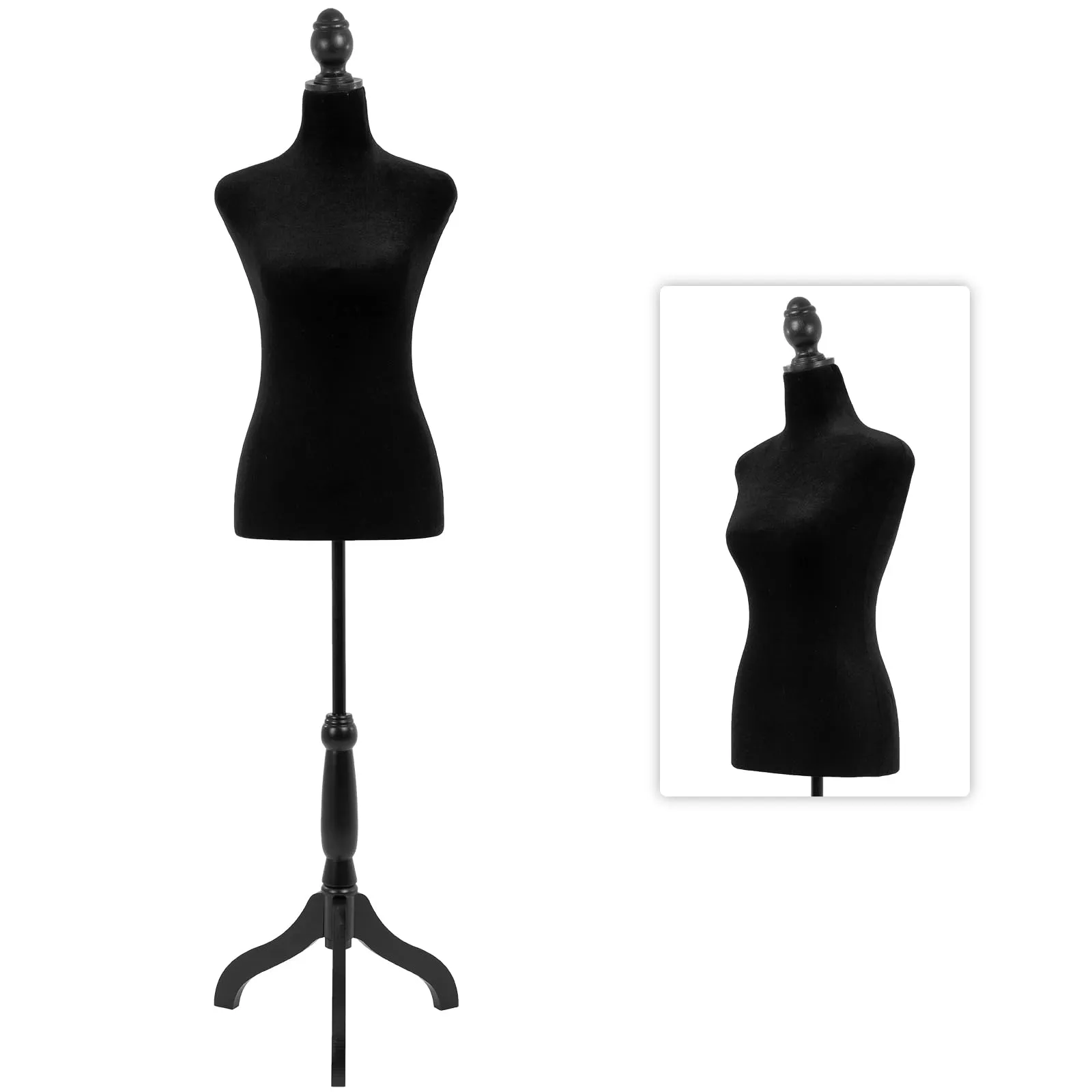 Mannequin Body Dress Form Torso 49.6-63.4 Inch Height Adjustable Female Model Wooden Tripod Stand High Density Foam Portable Display Showcase (Black)