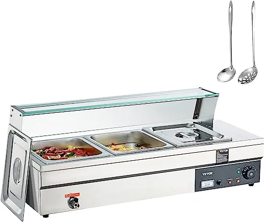 VEVOR 3-Pan Commercial Food Warmer, 3 x 12QT Electric Steam Table with Tempered Glass Cover, 1500W Countertop Stainless Steel Buffet Bain Marie 86-185°F Temp Control for Catering, Restaurants, Silver