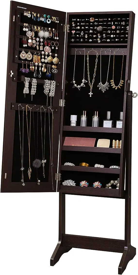 SONGMICS Mirror Jewelry Cabinet Armoire, Standing Full-Length Mirror, Lockable Jewelry Organizer, Gift Idea, Brown Surface and Black Lining UJJC69BR