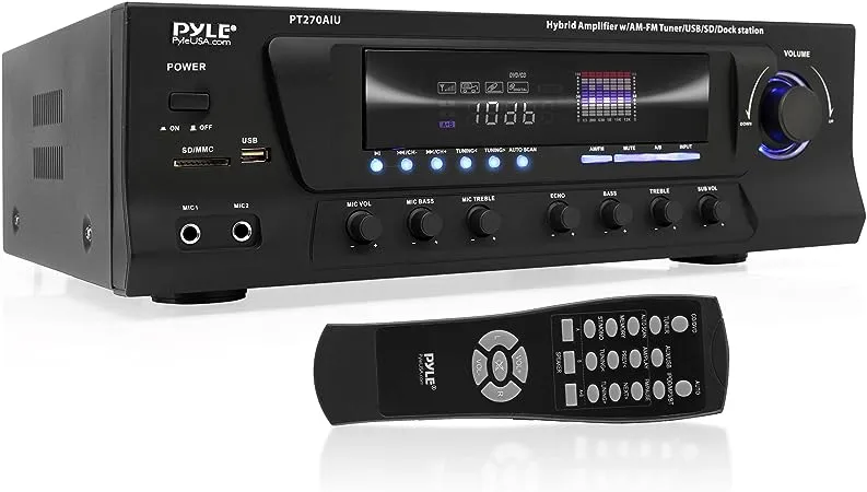 Pyle Home 300W Digital Stereo Receiver System - AM/FM Qtz. Tuner, USB/SD Card MP3 Player & Subwoofer Control, A/B Speaker, IPhone MP3 Input with Karaoke, Cable & Remote - PT270AIU