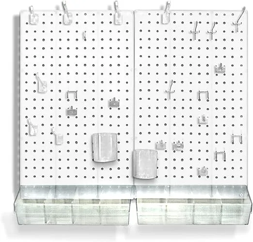 Azar Displays, 900945-WHT, 70 Piece Pegboard Organizer, Wall Mount Peg Board Combination Panel Kit for Bedroom, Craft Room, Study, Office or Garage, Assorted Accessories Hooks and Bins, 27"x22", White