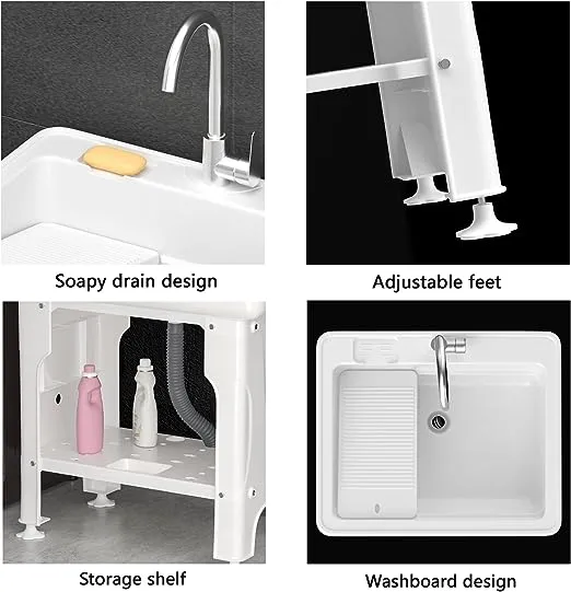 Freestanding Plastic Laundry Sink with Washboard, W25.4" x D22" x H31.5" Indoor and Outdoor Utility Sink with Cold and Hot Water Faucet, Hoses and Drain Kit for Laundry Room, Garage, Basement, Garden