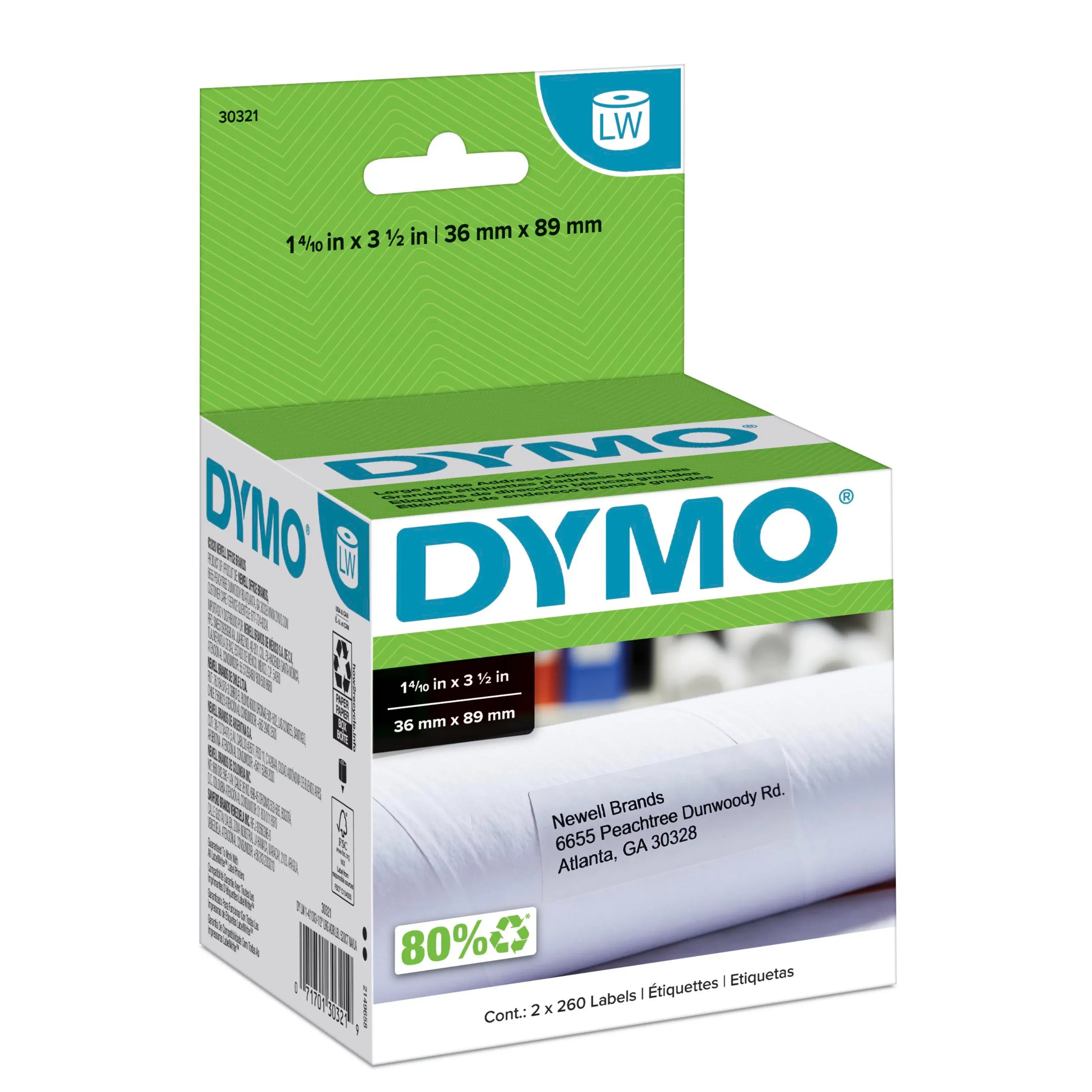 DYMO LW Large Mailing Address Labels for LabelWriter Label Printers, White, 1-4/10'' x 3-1/2'', Large, 2 Rolls of 260