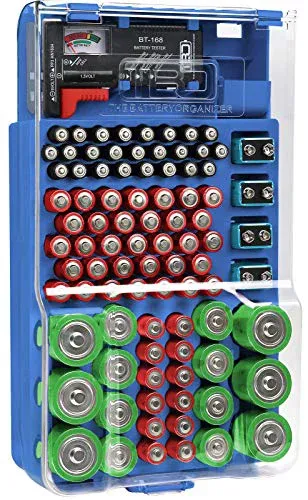 The Battery Organizer and Tester with Cover, Battery Storage Organizer and Case, Holds 93 Batteries of Various Sizes, Includes a Removable Battery Tester, Battery Holder for Garage Organization, Black