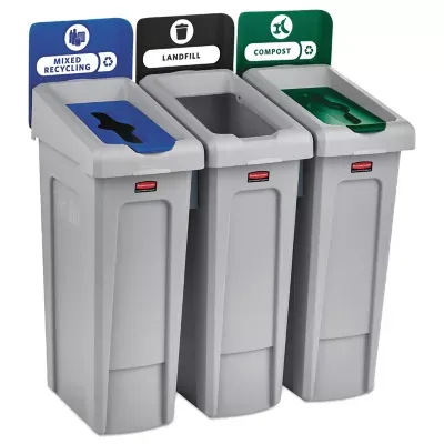 Rubbermaid 2007918 Slim Jim 3-Stream Rectangular Recycling Station Kit with Open, Closed, and Mixed Recycling Lids